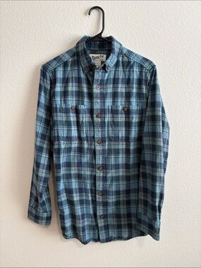Duluth Trading Co Blue and Green Plaid Button-Down Shirt